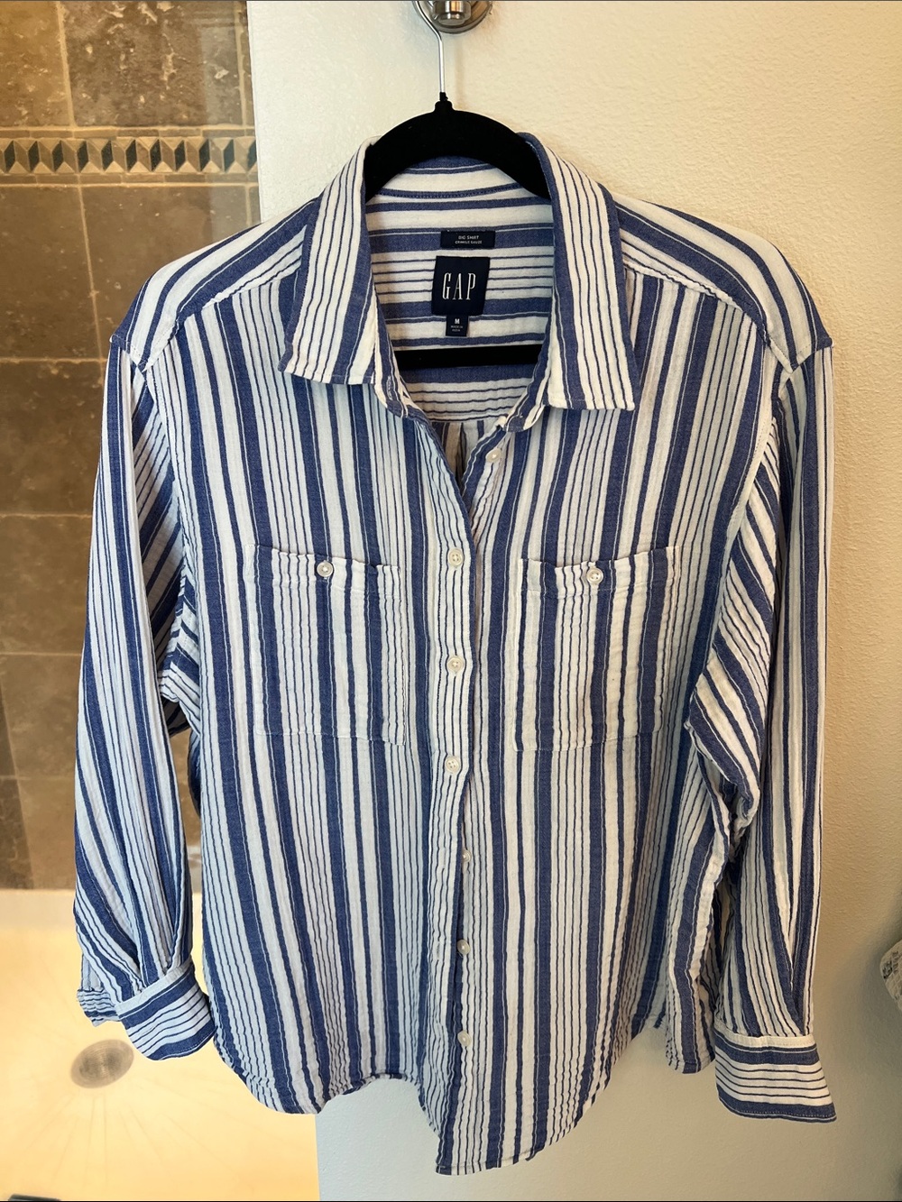 GAP “Big Shirt” Blue and White Vertical Stripe Button-Down Shirt